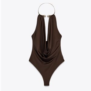 Zara Brown Jewel Collar Bodysuit